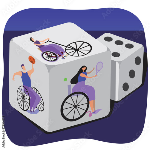Dice and a disabled person on a bicycle, with a tennis racket, a basketball on the sides, 3D vector stock illustration with a cube as a concept of the activity of indalids in a wheelchair