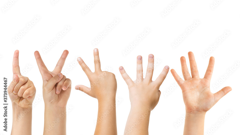 Count to five. Kids hands gesturing isolated on white studio background, copyspace for ad. Crowd of kids gesturing. Concept of childhood, education, preschool and school time. Signs and senses. Count to five. Kids hands gesturing isolated on white studio background, copyspace for ad. Crowd of kids gesturing. Concept of childhood, education, preschool and school time. Signs and senses.
