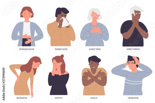 Sick people, bad health vector illustration. Cartoon flat set of unhealthy characters with flu sickness symptoms sore throat, runny nose or chills, pain in back stomach chest isolated on white