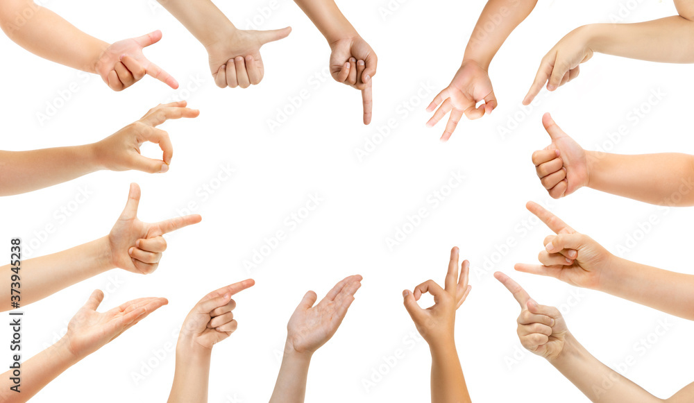 Nice, rock, good. Kids hands gesturing isolated on white studio background, copyspace for ad. Crowd of kids gesturing. Concept of childhood, education, preschool and school time. Signs and senses.