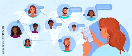 Online communication or group chat illustration with woman holding smartphone, diverse people avatars. Network or internet teamwork concept. Group chat vector banner with multinational men and women