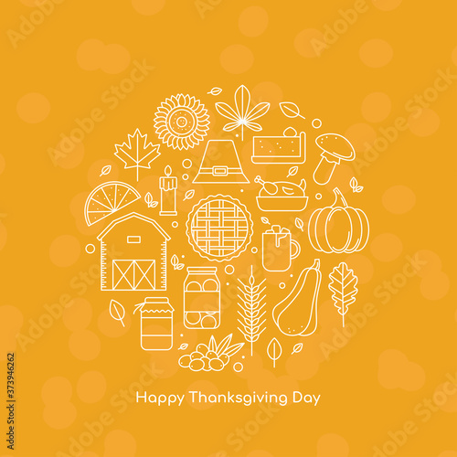 Happy Thanksgiving Day greeting card with line icons. Vector illustration