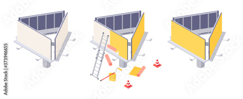 Billboard installation isometric vector with various stages of sticking advertising on big city ooh banner.