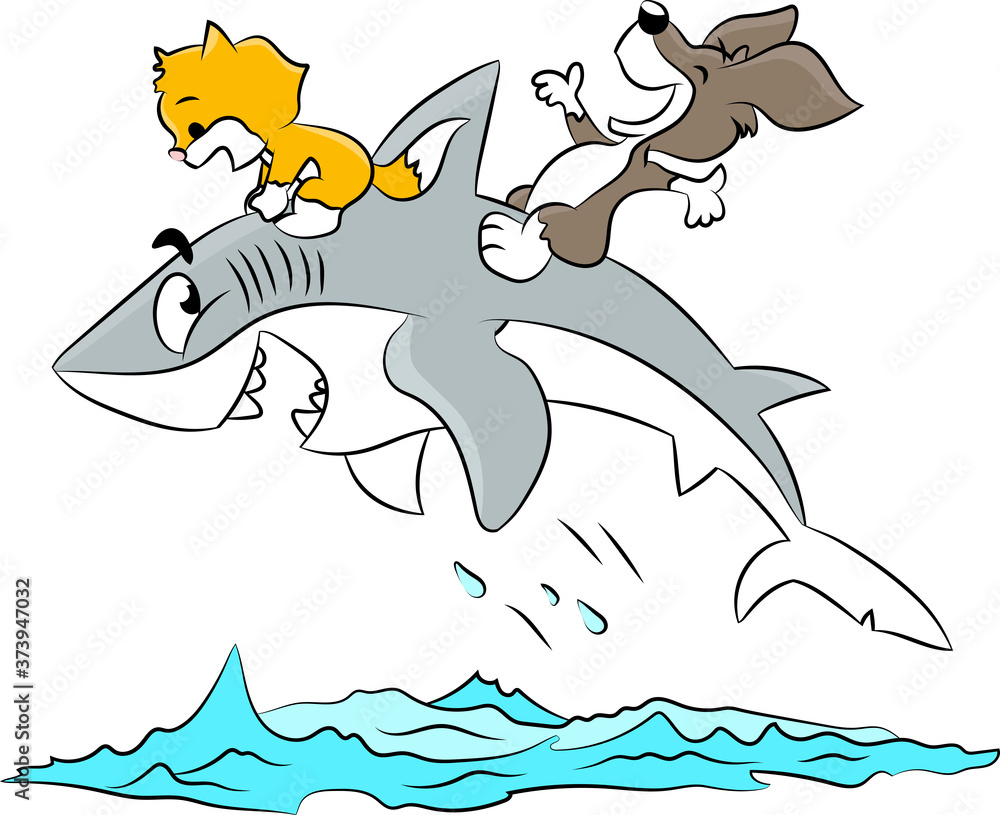 Cartoon cat and dog riding a shark enjoying summer vacation vector ...