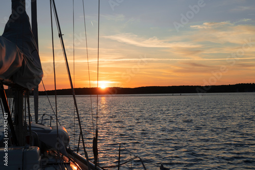 sunset over the Danmark coast of Flensburg Fjord near Sonderburg, Baltic sea, Danmark and Germany