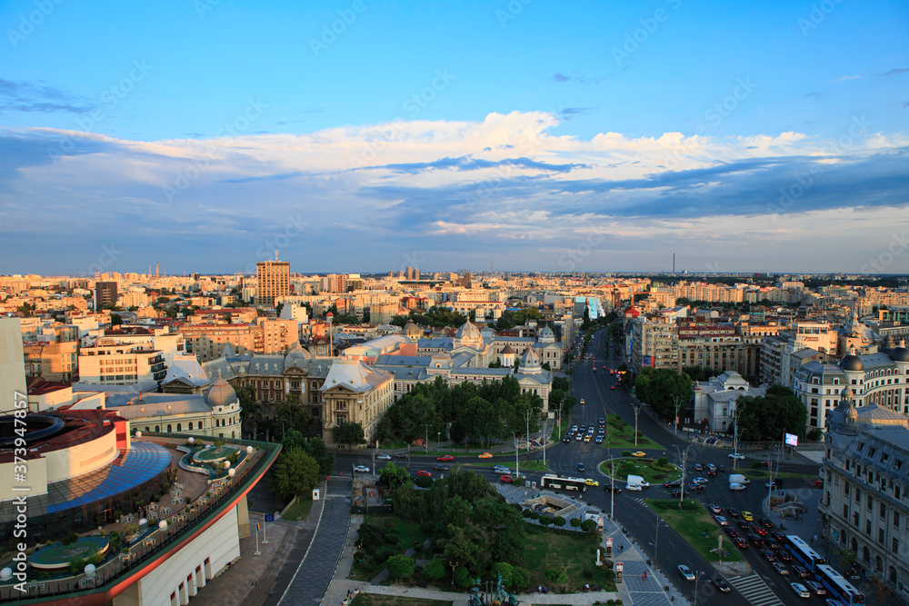 Bucharest, Romania, 7,2019; View from great height of part of the city of Bucharest