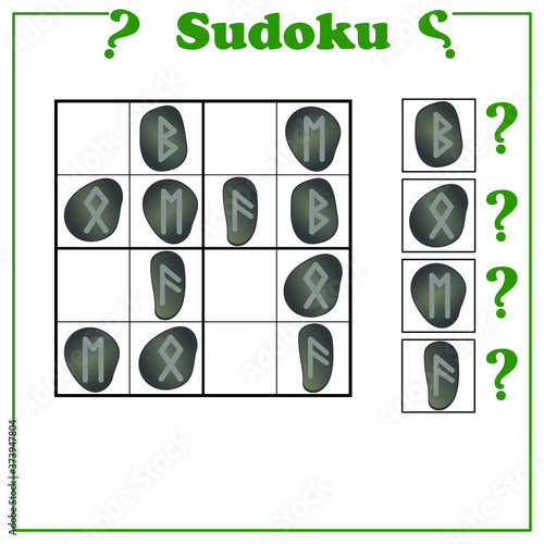 Runes. Sudoku game for children with pictures. Kids activity sheet. 