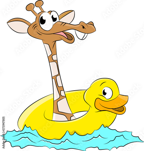 Cartoon giraffe wearing a duck life buoy swimming vector illustration