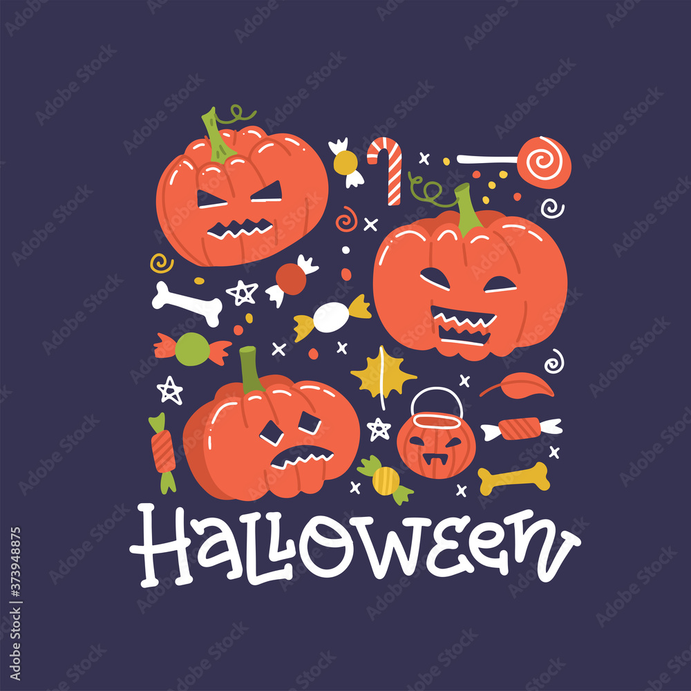 Halloween holiday square banner design with candy and pumpkins. Vectorflat illustration with hand drawn lettering. Halloween holiday square banner design with candy and pumpkins. Vectorflat illustration with hand drawn lettering.