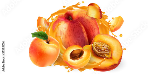 Whole and sliced peaches and apricots in a juice splash.