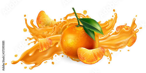 Splash of fruit juice and fresh mandarins. photo