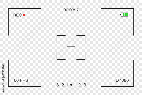 Camera viewfinder with a focus. Camera focusing screen. Settings. Zoom. Battery status. Video quality. Image stabilization. Frame for your image