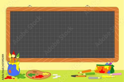 Empty art school checkered blackboard with supplies vector illustration