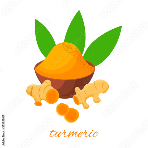 Turmeric root, leaves and powder in ceramic plat, isolated on white background. Vector cartoon illustration.