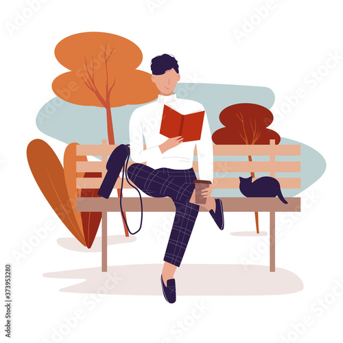 Literature fan. Stylish young man sits on a park bench, reads a book and drinks coffee. Exam preparation, study or lunch break. Isolated vector illustration