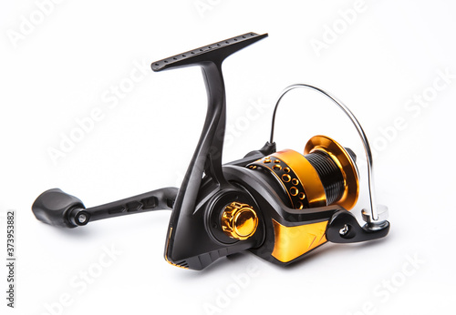 Modern fishing reel on a white background Poster Mural XXL