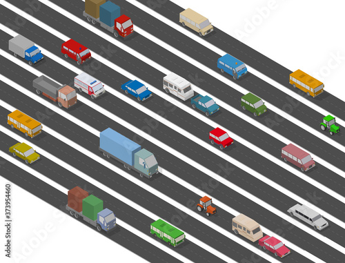 Traffic Jam. Isometric Cars and Houses for Illustration Of Busy Road.