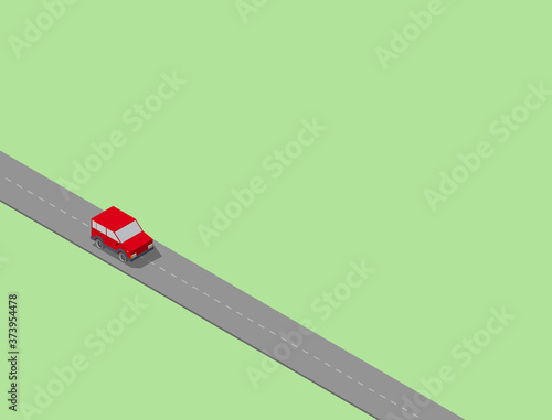 Isometric Car on the long road. Lonely and free.