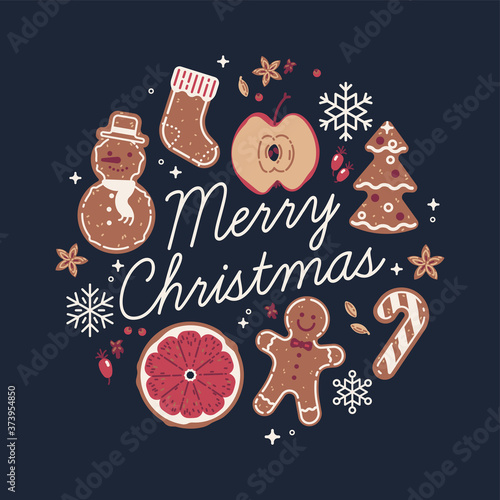 Lovely round shaped "Merry Christmas' vector decorative composition with traditional winter holiday season sweets, bakery and spices