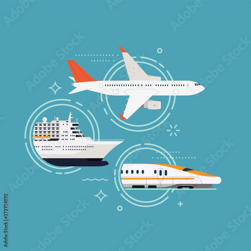 Cool set of travel and passenger transportation icons. Airliner plane, cruise transatlantic liner ship and high speed modern bullet train