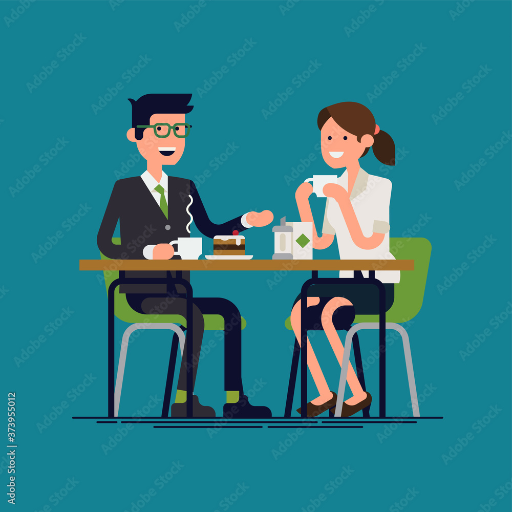 Business men having a coffee break. Male and female office workers talking to each other while enjoying their coffee. Vector flat visual on coworkers getting to know each other Business men having a coffee break. Male and female office workers talking to each other while enjoying their coffee. Vector flat visual on coworkers getting to know each other