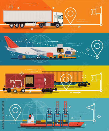 Cargo tracking service concept illustrations. Cool vector flat design transportation and freight cargo shipping options and alternatives with tracking
