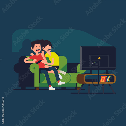 Young couple watching scary movie at home. Cool vector character design on young adult man and woman sitting on couch watching thriller or horror film on large TV