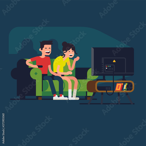 Young adult couple laughing at TV screen watching comedy show or funny family film. Flat vector character design on recreation