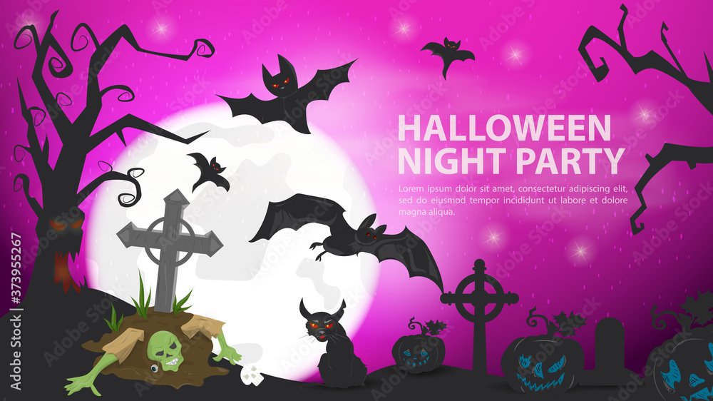 banner for holiday design on the theme all saints eve Halloween Zombie crawls out of the grave on the background of the moon flat vector illustration