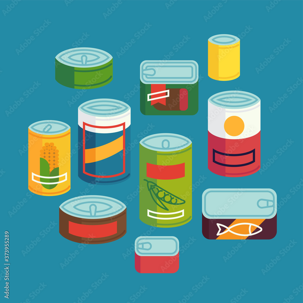 Set of various abstract flat design canned food. Cool vector non perishable food design elements Set of various abstract flat design canned food. Cool vector non perishable food design elements