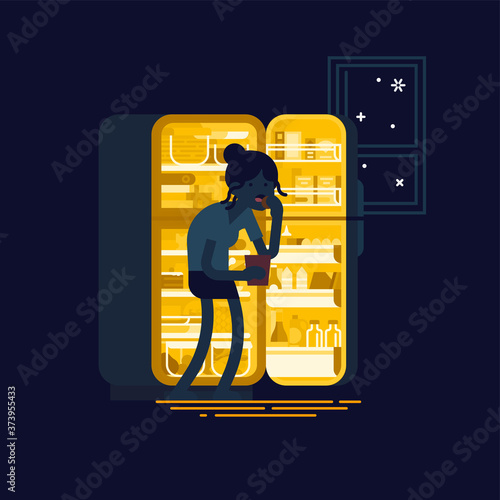 Flat vector concept illustration on eating disorder featuring female character standing in front of opened fridge eating food at night. Cartoon silhouette of woman with night eating syndrome