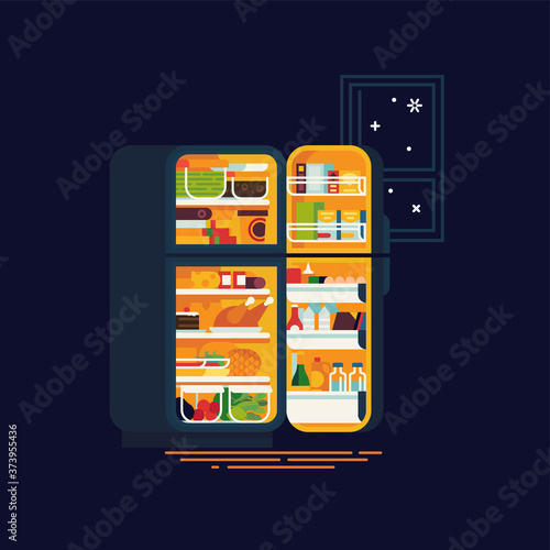 Night eating concept design with open lit up fridge full of food. Vector flat design on eating disorder