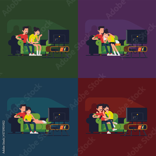 Couple watching movies. Vector flat character design on couple watching movies of different genres. Different reactions on TV shows and films. Couple watching comedy, family movie, thriller or drama