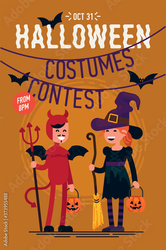 Cool vector template on Halloween Costumes Contest party poster, banner or flyer with happy laughing characters wearing red devil and witch costumes