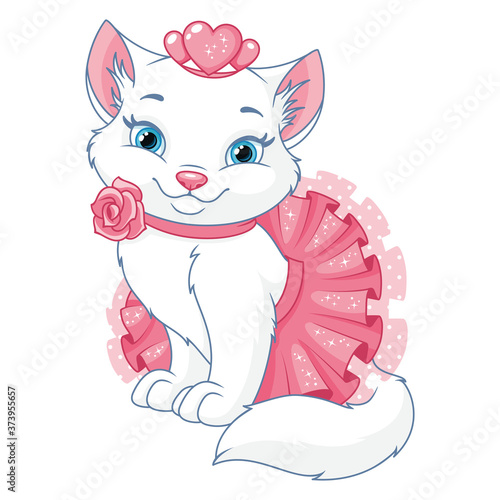White cat princess sitting in pink skirt. Cartoon vector clipart