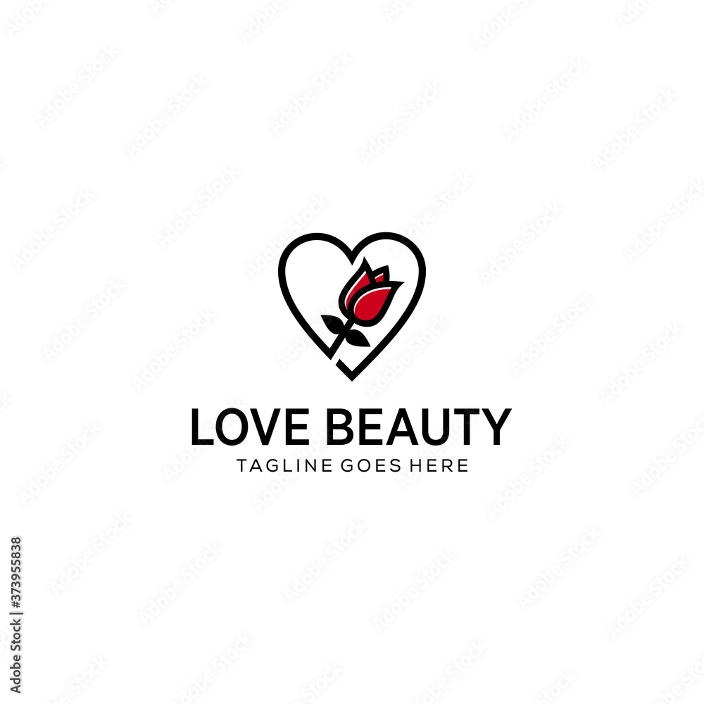 Beauty Rose logo vector logo design template, minimal line petal beauty salon with heart sign