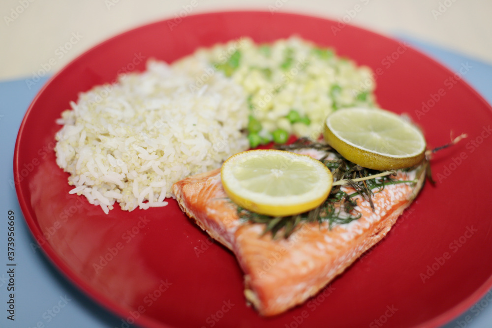 Baked salmon fillets with quinoa rice blend and corn with green beans. Baked salmon fillets with quinoa rice blend and corn with green beans.