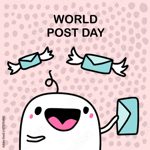 World post day hand drawn vector illustration in cartoon doodle style man sending letter