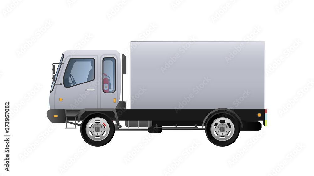 Vector small truck side view. Delivery of cargo. Solid and flat color design. White truck for transportation. Isolated on a white background. Vector small truck side view. Delivery of cargo. Solid and flat color design. White truck for transportation. Isolated on a white background.
