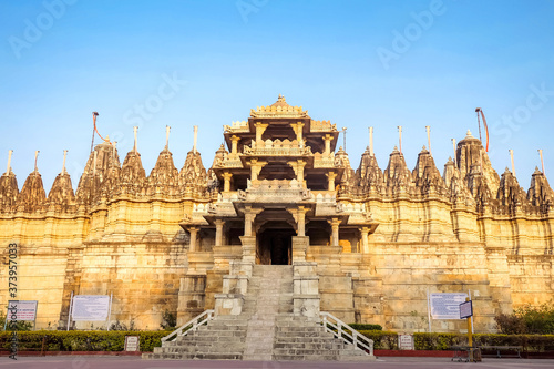 Ranakpur Jain temple in Rajasthan, India. The temple built using white marble, with 1444 pillars, 80 domes and 426 columns all intricately carved and unique. This is one of  the  largest Jain temple.