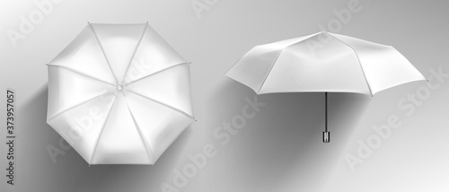 White umbrella front and top view. Vector realistic mockup of blank parasol with wooden handle, classic accessory for rain protection in spring, autumn or monsoon season