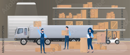 Large warehouse with drawers. Movers carry boxes. The girl with the list checks availability. Big truck. Carton boxes. The concept of transportation, delivery and logistics of goods. Vector.