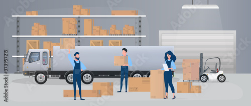 Large warehouse with drawers. Movers carry boxes. The girl with the list checks availability. Big truck. Carton boxes. The concept of transportation, delivery and logistics of goods. Vector.
