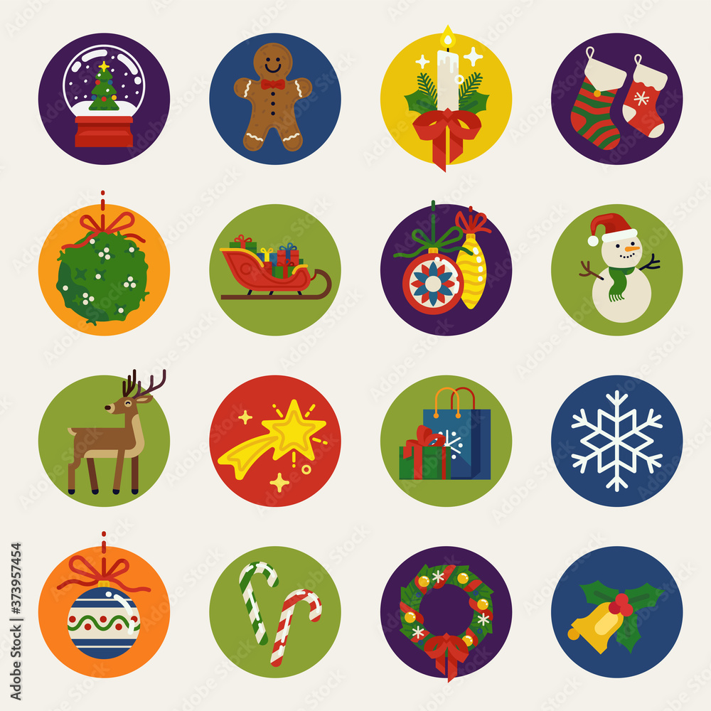 Christmas round icons, vector. Collection of quality flat design Xmas holidays items such as Santa's sleigh, gifts, gingerbread man, deer, holly tree leaves, snowman, wreath, garland, mistletoe, etc. Christmas round icons, vector. Collection of quality flat design Xmas holidays items such as Santa's sleigh, gifts, gingerbread man, deer, holly tree leaves, snowman, wreath, garland, mistletoe, etc.
