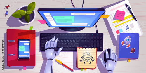 Workspace with robot working on computer keyboard top view. Concept of chat bot with ai. Vector cartoon futuristic illustration of wooden desk with computer screen, stationary, plant and robotic hands