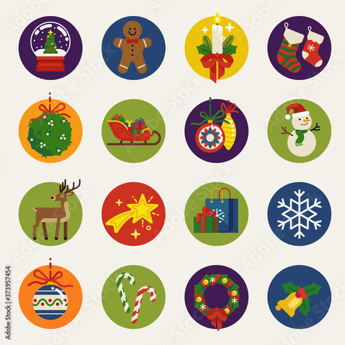 Christmas round icons, vector. Collection of quality flat design Xmas holidays items such as Santa's sleigh, gifts, gingerbread man, deer, holly tree leaves, snowman, wreath, garland, mistletoe, etc.