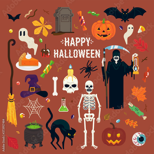 Happy Halloween vector design elements. Large high quality flat design set of All Hallows Eve items such as spider, ghouls, witch hat, bat, Grim Reaper, skeleton, jack-o-lanterns, autumn leaves, etc.