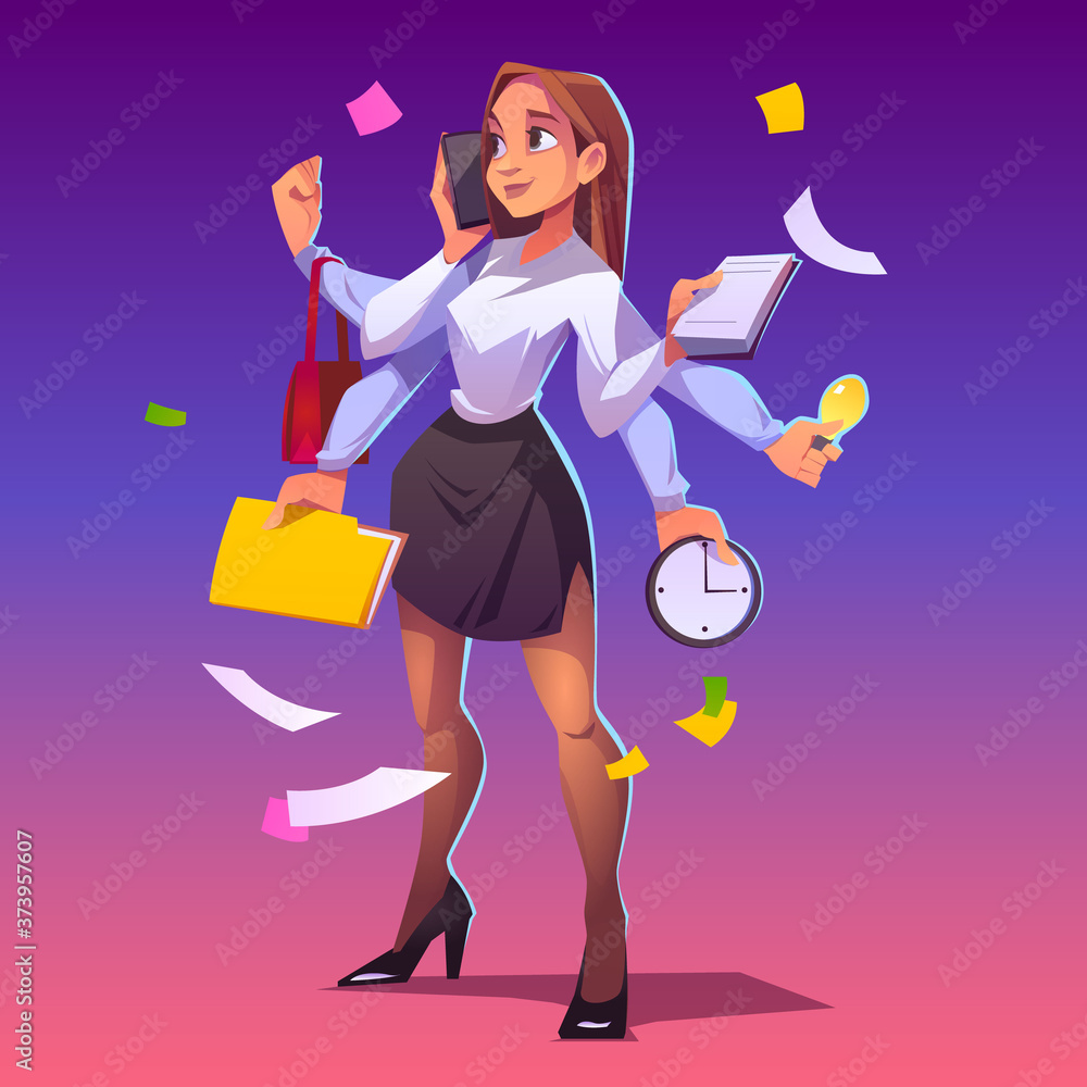 Business woman with many hands. Concept of professional multitask. Vector  cartoon character secretary, manager or boss with phone, clock, note pad  and bag in arms. Multitasking businesswoman Stock Vector | Adobe Stock