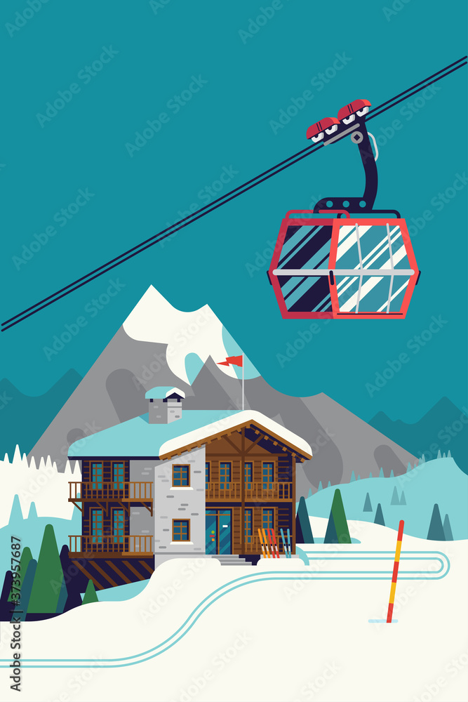 High quality vector ski resort mountain landscape with lodge and aerial ...
