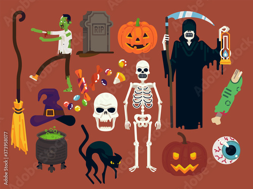 Set of high quality vector halloween items featuring zombie, Grim Reaper, skeleton, witch broom, eye, pumpkin lanterns, skull, candies, black cat, gravestone, etc. Ideal for hallows eve design